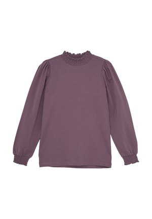 Lila Langarmoberteil mit gerafftem Ausschnitt und Bündchen, aus einem weichen, elastischen Stoff und mit einer entspannten Silhouette. Keine sichtbaren Muster.