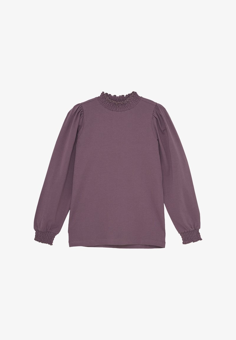 Lilla langærmet bluse med smockdetaljer ved hals og manchetter, fremstillet af et blødt, strækbart stof og med en afslappet silhuet. Ingen synlige mønstre.