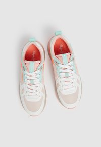 Lightweight sneakers featuring a mesh upper in pink, coral, and mint green with white accents, round toe, and padded collar for comfort.