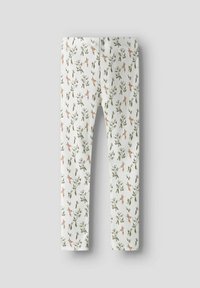 Vita byxor med ett blommönster i grönt, rosa och beige. Tyget har en ribbad textur och rak ben-design.