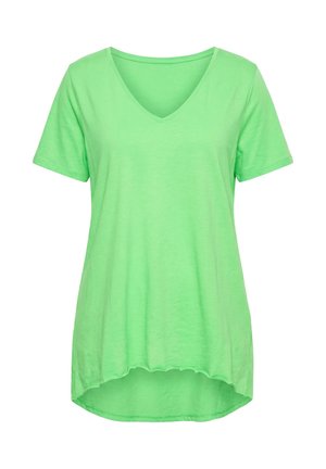 T-shirt femme manches courtes vert clair col en V avec un ourlet haut-bas et un tissu doux légèrement texturé.