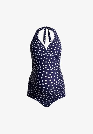 Costume premaman blu navy a collo halter con pois bianchi e lati arricciati per elasticità e comfort.