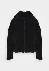 Czarna polarowa kurtka z zamkiem z przodu, szerokim kołnierzem i krótkim fasonem. Wykonana z miękkiego, teksturowanego materiału, z długimi rękawami.