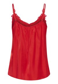 Rotes Trägertop aus weichem Stoff, mit verstellbaren Spaghetti-Trägern und filigranen Spitzenakzenten am Halsausschnitt.