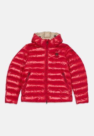 Rote Pufferjacke mit einer strukturierten, glänzenden Außenfläche, Kapuze und beigem Futter. Verfügt über horizontale Nähte und seitliche Reißverschlusstaschen.