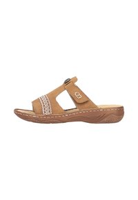 Tan leather sandal with open toe and side cutouts, featuring white embroidery and a button accent. Textured sole for traction.