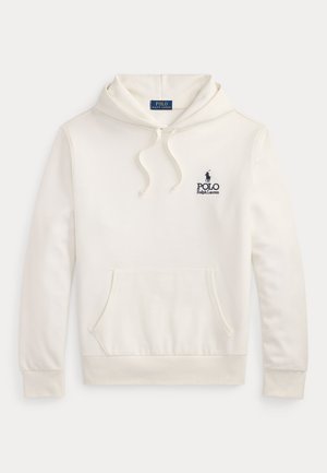 Λευκό φούτερ με κουκούλα Polo Ralph Lauren με εμπρός τσέπη καγκουρό, κορδόνι στην κουκούλα και ναυτικό μπλε λογότυπο με έμβλημα αλόγου και αναβάτη στο στήθος.