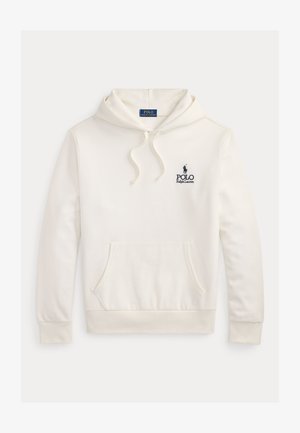 Sudadera con capucha blanca de Polo Ralph Lauren con bolsillo delantero tipo canguro, capucha con cordón y texto del logo en azul marino con emblema de caballo y jinete en el pecho.
