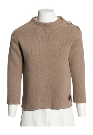 Lysebrun ribstrikket sweater med tre knapper på venstre skulder og lille rød og sort mariehøne detalje nær kanten, på hvidt mannequin-torso.
