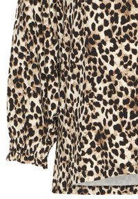 Blúzka s leopardím vzorom a dlhými puffovými rukávmi; vyrobená z mäkkej tkaniny; obsahuje čierne a hnedé škvrny na krémovom pozadí; elastické manžety.