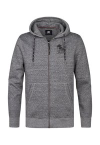 Šedá mikina na zip vyrobená z měkké strukturální tkaniny. Obsahuje logo na přední straně, dvě přední kapsy a nastavitelné šňůrky na kapuci.