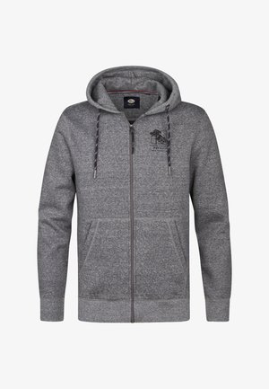 Šedá mikina na zip vyrobená z měkké strukturální tkaniny. Obsahuje logo na přední straně, dvě přední kapsy a nastavitelné šňůrky na kapuci.