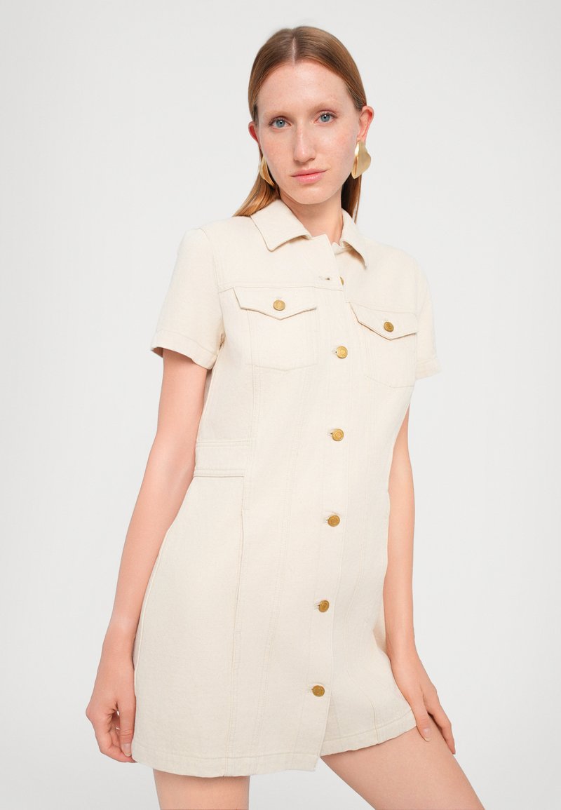 beige jean dress Angelina Beige Denim Midi Dress  Get That Trend