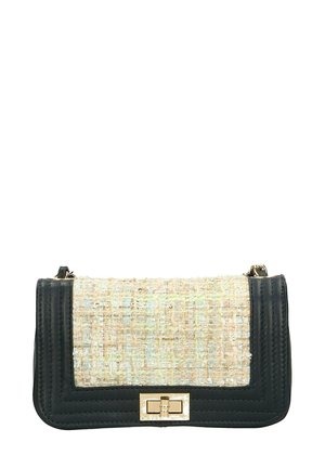 Black leather handbag with a textured woven front panel in cream and pastel colors, featuring a gold-tone clasp and detailed stitching.