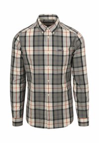 Herenoverhemd met lange mouwen in ruitpatroon, uitgevoerd in grijs, wit, rood en blauw, met knoopsluiting aan de voorkant en een klassieke kraag.