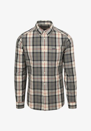 Herenoverhemd met lange mouwen in ruitpatroon, uitgevoerd in grijs, wit, rood en blauw, met knoopsluiting aan de voorkant en een klassieke kraag.