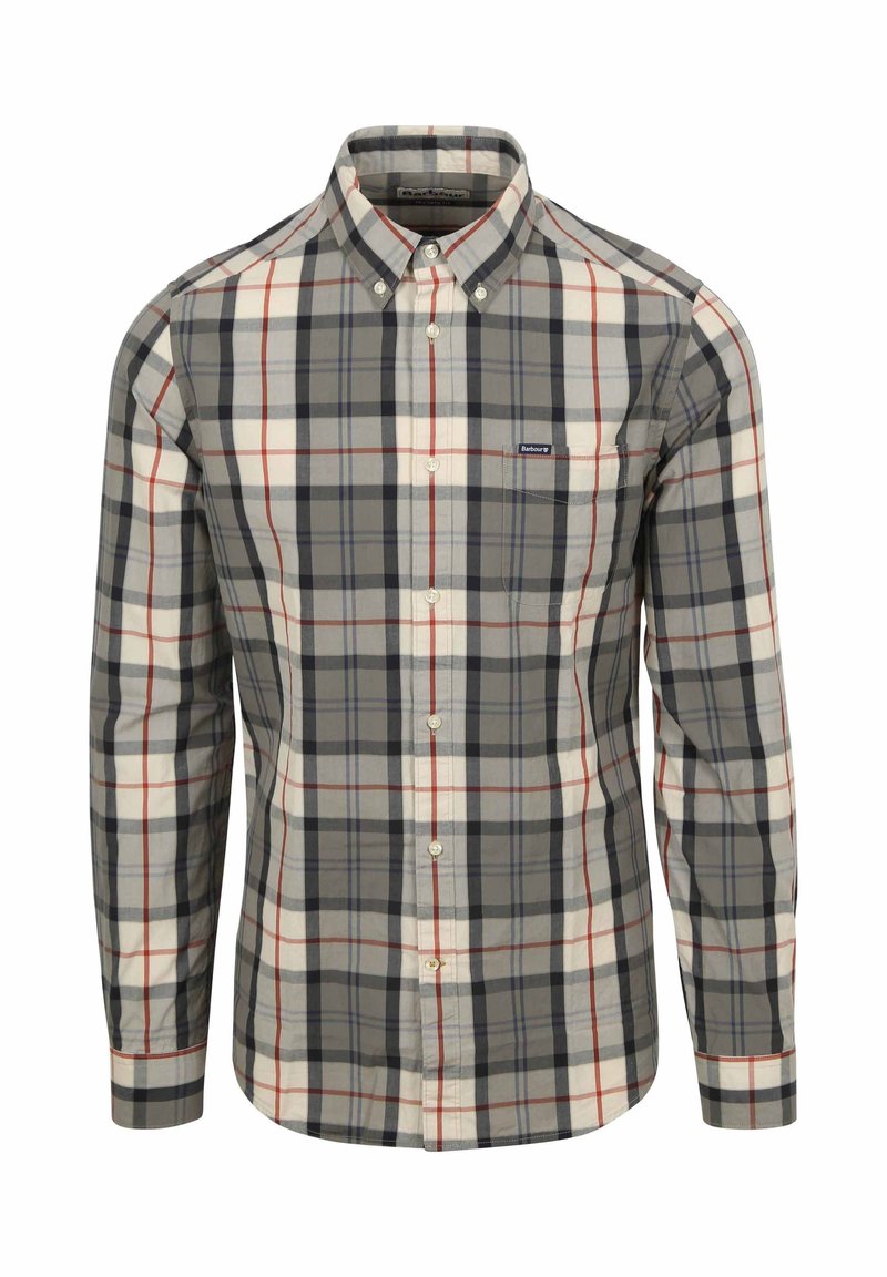 Herenoverhemd met lange mouwen in ruitpatroon, uitgevoerd in grijs, wit, rood en blauw, met knoopsluiting aan de voorkant en een klassieke kraag.
