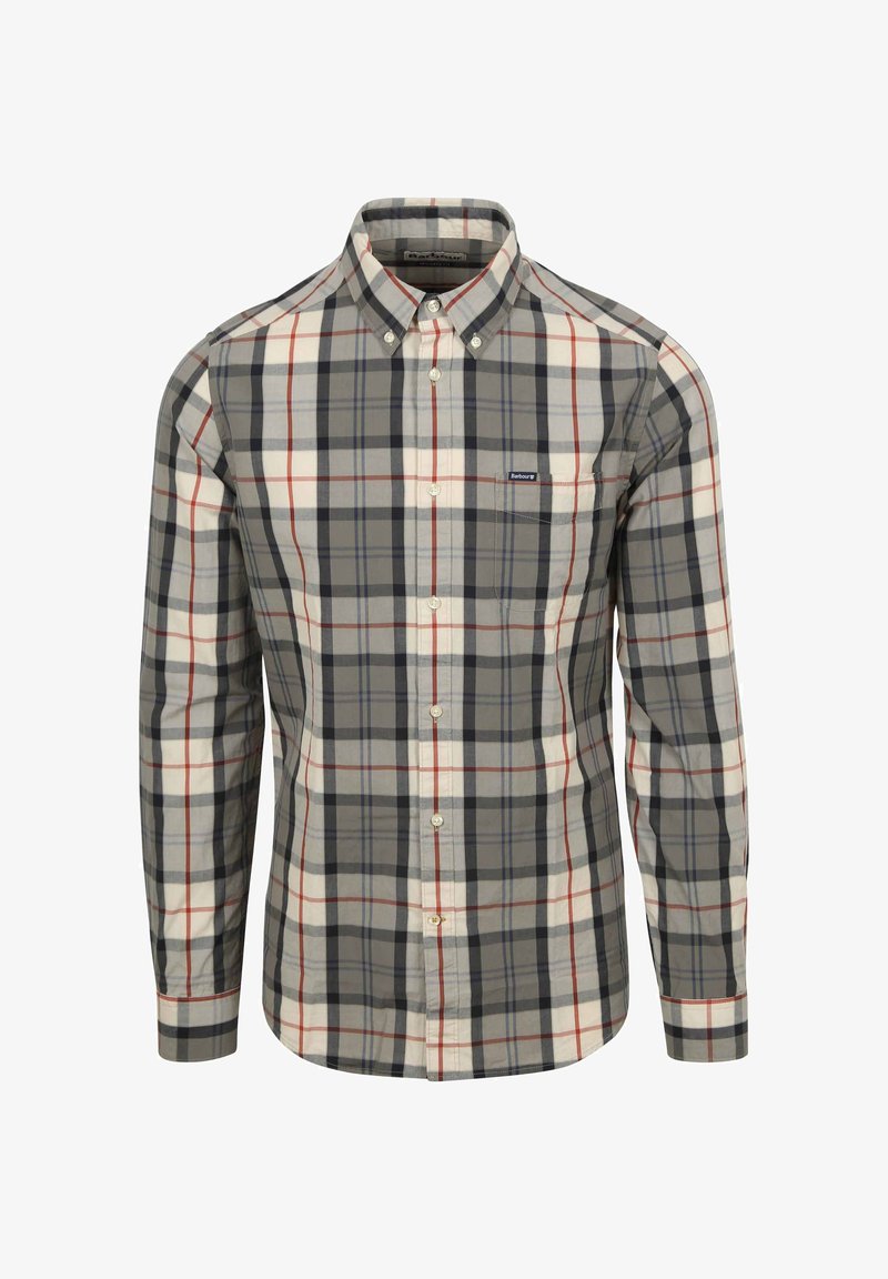 Herenoverhemd met lange mouwen in ruitpatroon, uitgevoerd in grijs, wit, rood en blauw, met knoopsluiting aan de voorkant en een klassieke kraag.