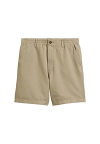 Beige cotton shorts with an elastic waistband, side pockets, a front button closure, and a relaxed fit. Smooth texture, knee-length design.