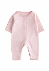 Un mono de rayas rosas con mangas cortas, un escote redondo y botones a presión en la parte delantera y en las piernas interiores para un fácil vestimiento.