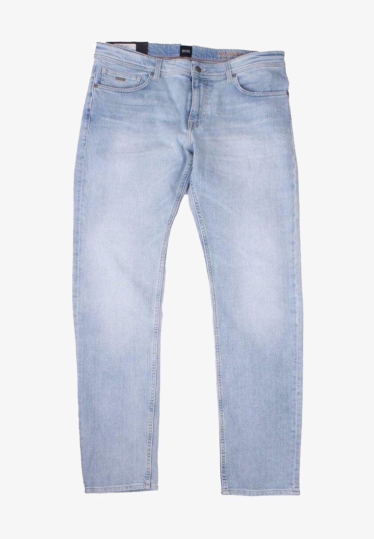 Light blue denim jeans with a straight-leg cut, five pockets, and a subtle faded wash. Features a branded waistband label.