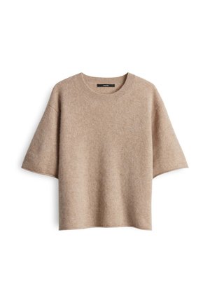 Beige short-sleeve wool sweater with a round neckline and relaxed fit, displayed flat on a white background.