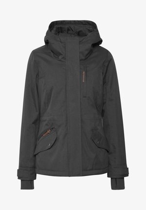 Black waterproof jacket with a high collar, zip pockets, adjustable cuffs, and subtle texture patterns. Front closure and side pockets featured.