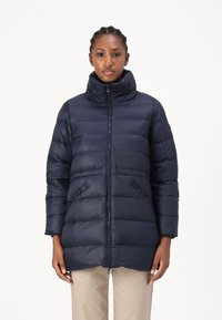 Navy blue padded jacket with a high collar, front zipper, and two side pockets. Features a smooth texture and quilted design.