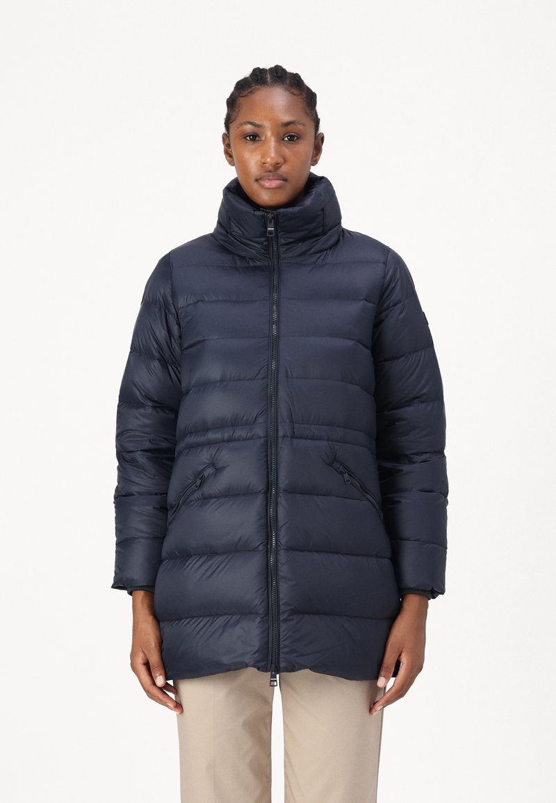 Navy blue padded jacket with a high collar, front zipper, and two side pockets. Features a smooth texture and quilted design.