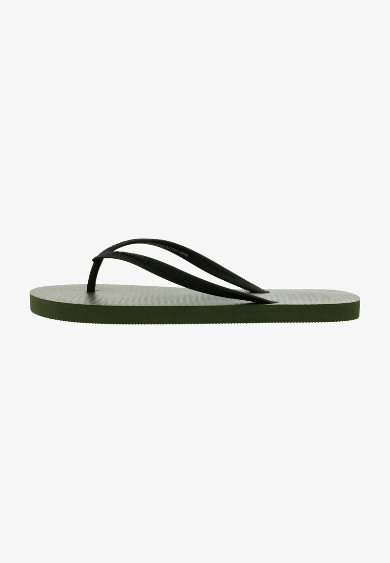 Green flip-flop with a textured sole, featuring black rubber straps. The design is minimalistic with a flat profile and no additional accents.