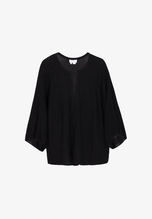 Cardigan nero in maglia con vestibilità ampia, scollo rotondo e ampie maniche. Presenta un motivo leggermente strutturato e un design con apertura frontale.