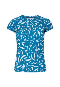 Camiseta de manga corta y cuello redondo en azul con patrones abstractos de hojas y remolinos en blanco. Fabricada en tejido liviano y con un logo sutil.