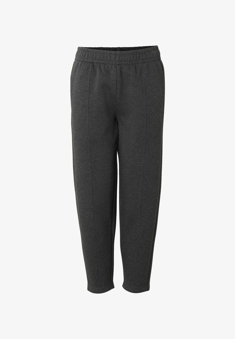 Pantalon de survêtement gris foncé avec ceinture élastique et poches latérales, coupe droite, en tissu doux.