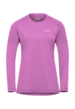 Langärmliges Sportshirt für Damen in Rosa mit Jack Wolfskin-Logo auf der linken Brust und rundem Halsausschnitt.