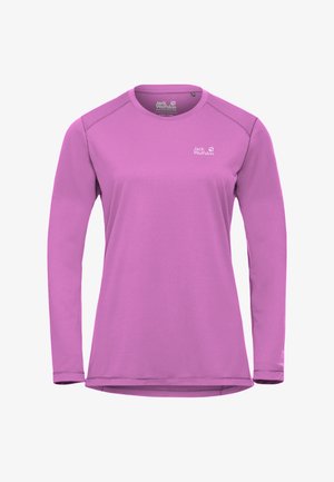 Langärmliges Sportshirt für Damen in Rosa mit Jack Wolfskin-Logo auf der linken Brust und rundem Halsausschnitt.