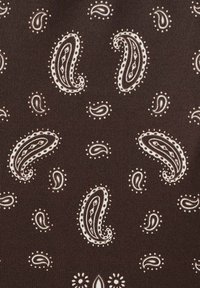 Brauner Stoff mit einem wiederkehrenden weißen Paisley-Muster mit tropfenförmigen Motiven, die mit Punkten und kleinen geometrischen Details verziert sind.