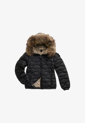 Schwarze Daunenjacke mit einer mit Fell gefütterten Kapuze, gestepptem Design, Reißverschluss und kontrastierendem beigem Futter. Verfügt über elastische Bündchen und Saum.
