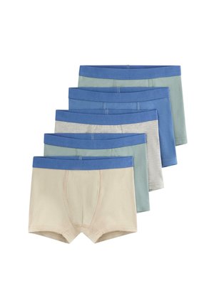 Fem par drenge-boksershorts i beige, grøn, blå og grå nuancer med blå linninger, arrangeret udstrakt som en vifte på hvid baggrund.