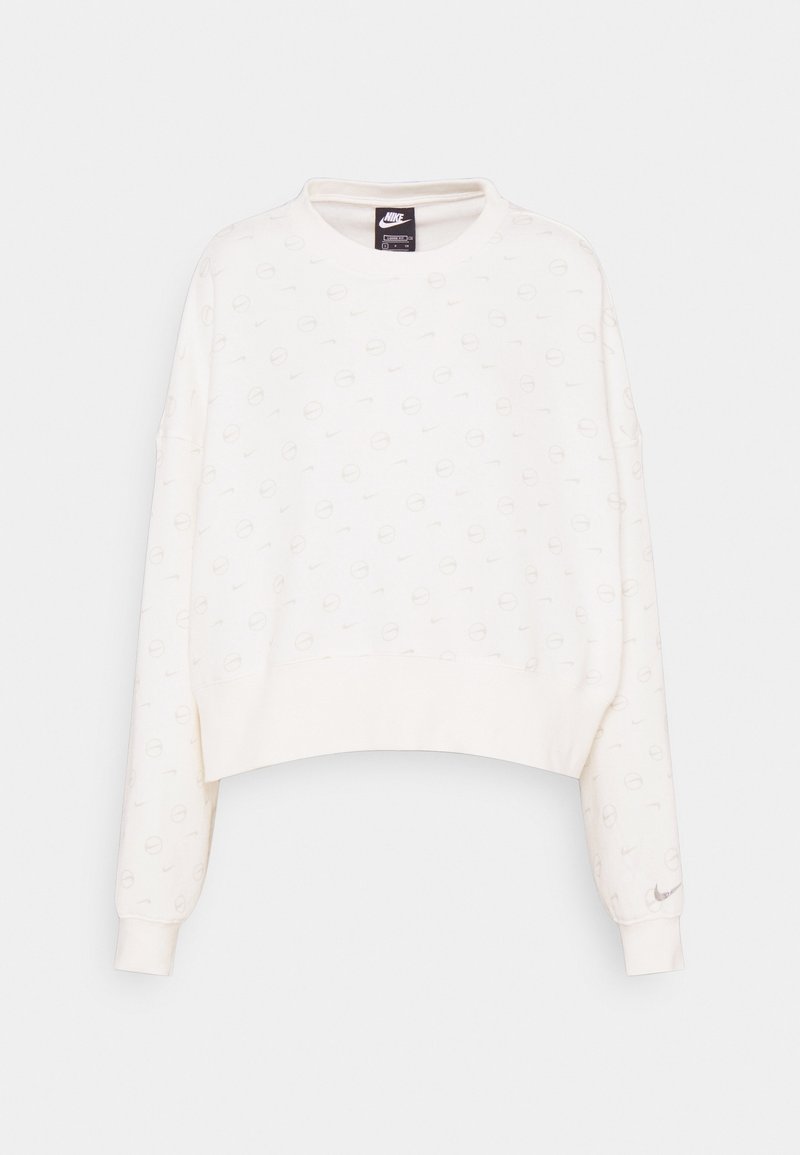 Avskuren vit sweatshirt gjord av mjukt tyg, med ett subtilt mönster av logotyper, ribbade ärmslut och en rundad halsringning.