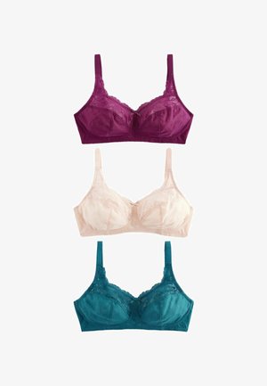 Trīs krūšturi izstādīti: augšējais burgundijas krāsā ar mežģīņu akcentiem, vidējais maigi rozā ar mežģīnēm, apakšējais tirkīza krāsā ar mežģīņu apdari un atbilstošām siksnām.