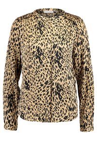 Blusa beige con stampa astratta di leopardo nera, maniche lunghe, scollatura rotonda e leggera arricciatura sulle spalle per una texture aggiuntiva.