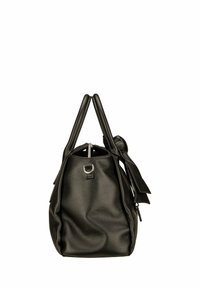 Black leather handbag with a textured finish, zip closure, dual handles, and a decorative strap detail on the side.