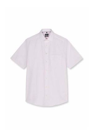 Short-sleeve, light pink dress shirt with thin vertical stripes, button-down front, classic collar, and chest pocket.