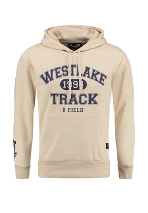 Sudadera ligera color beige claro hecha de una mezcla de algodón, con un bolsillo frontal tipo canguro, cordones ajustables y texto impreso en azul marino: "WESTLAKE TRACK & FIELD."