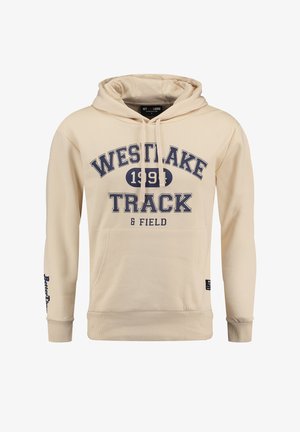Felpa leggera beige chiaro in misto cotone, con tasca frontale, cordini regolabili e testo stampato blu navy: "WESTLAKE TRACK & FIELD."