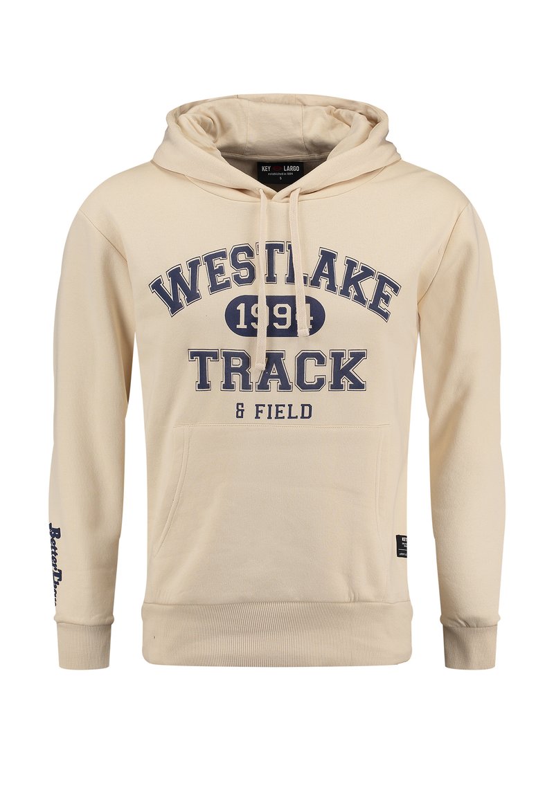 Sudadera ligera color beige claro hecha de una mezcla de algodón, con un bolsillo frontal tipo canguro, cordones ajustables y texto impreso en azul marino: "WESTLAKE TRACK & FIELD."