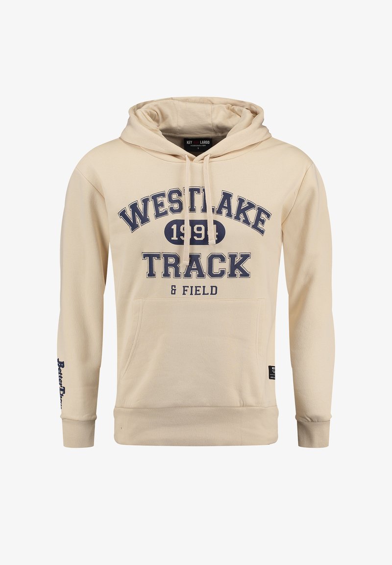Felpa leggera beige chiaro in misto cotone, con tasca frontale, cordini regolabili e testo stampato blu navy: "WESTLAKE TRACK & FIELD."