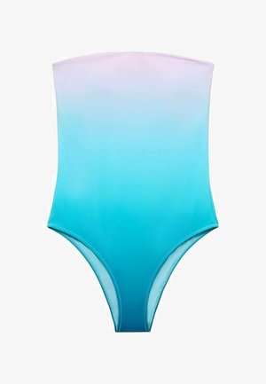 Jednodijelni kupaći kostim s gradijentnim uzorkom, koji prelazi iz svijetlopurple boje na vrhu u tirkiznu na dnu. Glatka tkanina i visoki prorez na nogavicama.