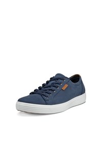 Navy blue lace-up sneaker with white sole and small brown brand tag on the side, shown at slight angle on white background.