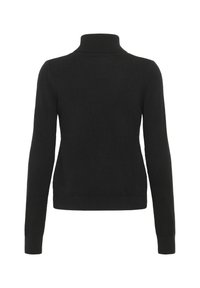 Melnā turtleneck kreklā ar garām piedurknēm. Mīksta, gluda tekstūra un pieguloša piegriezuma. Ribu akcenti apkaklē un piedurkņu galos.